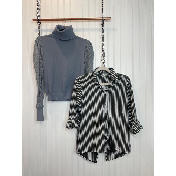 Love Tree Blue Turtle Neck Sheer Sleeve Top & Striped Button Shirt Bundle Size M - Picture 1 of 9